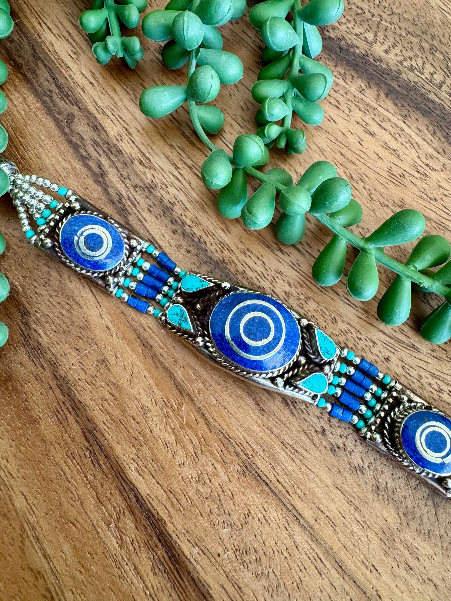 Tibetan Lapis & Turquoise Inlaid Bracelet with Bull’s-Eye Design – Vintage Patina