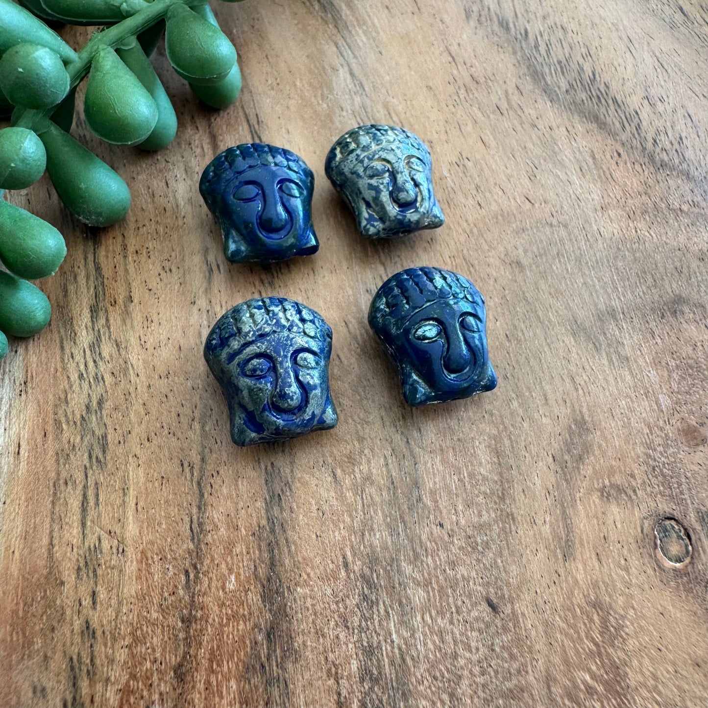 Czech Glass Blue and Silver Picasso Buddha Focal Bead 4pcs