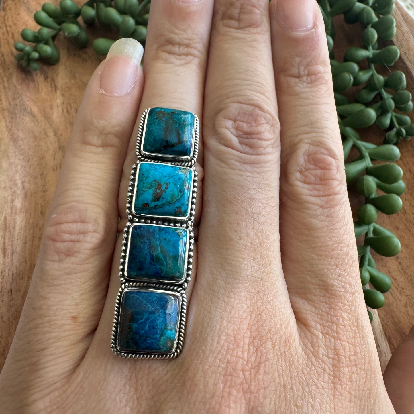 .925 Sterling Silver Chrysocolla Statement Ring - Size 8