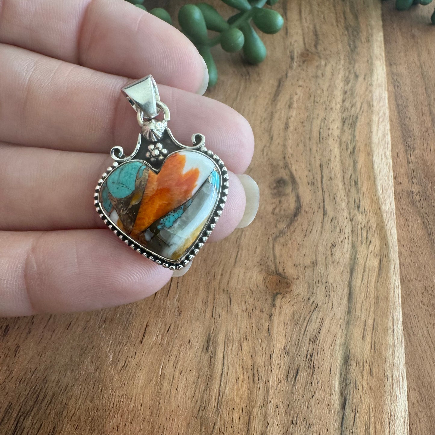 .925 Sterling Silver Heart Pendant – Orange Spiny Oyster & Turquoise