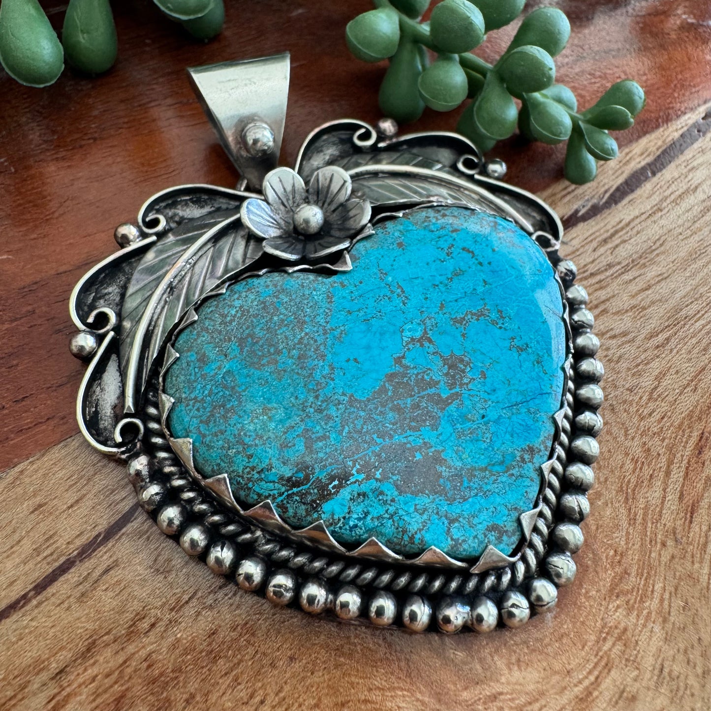 Chrysocolla Heart Pendant with Floral Detailing – Antique Silver-Tone Southwest Style