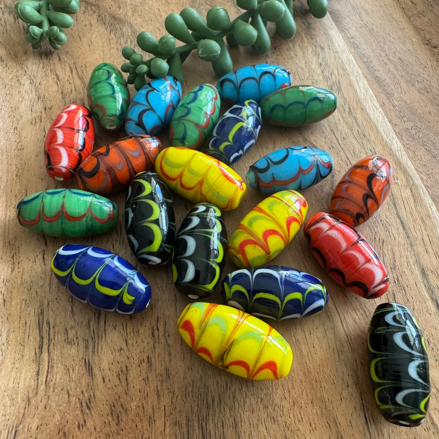 Multicolor Fancy Oval Glass Beads from India (13x26mm) 20 Pieces