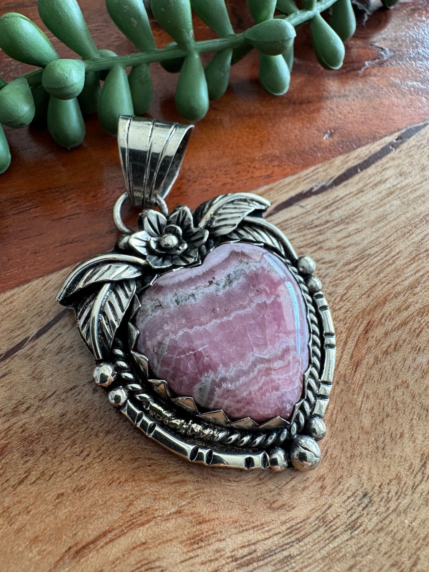 Rhodochrosite Heart Pendant with Floral Detailing – Antique Silver-Tone Southwest Style
