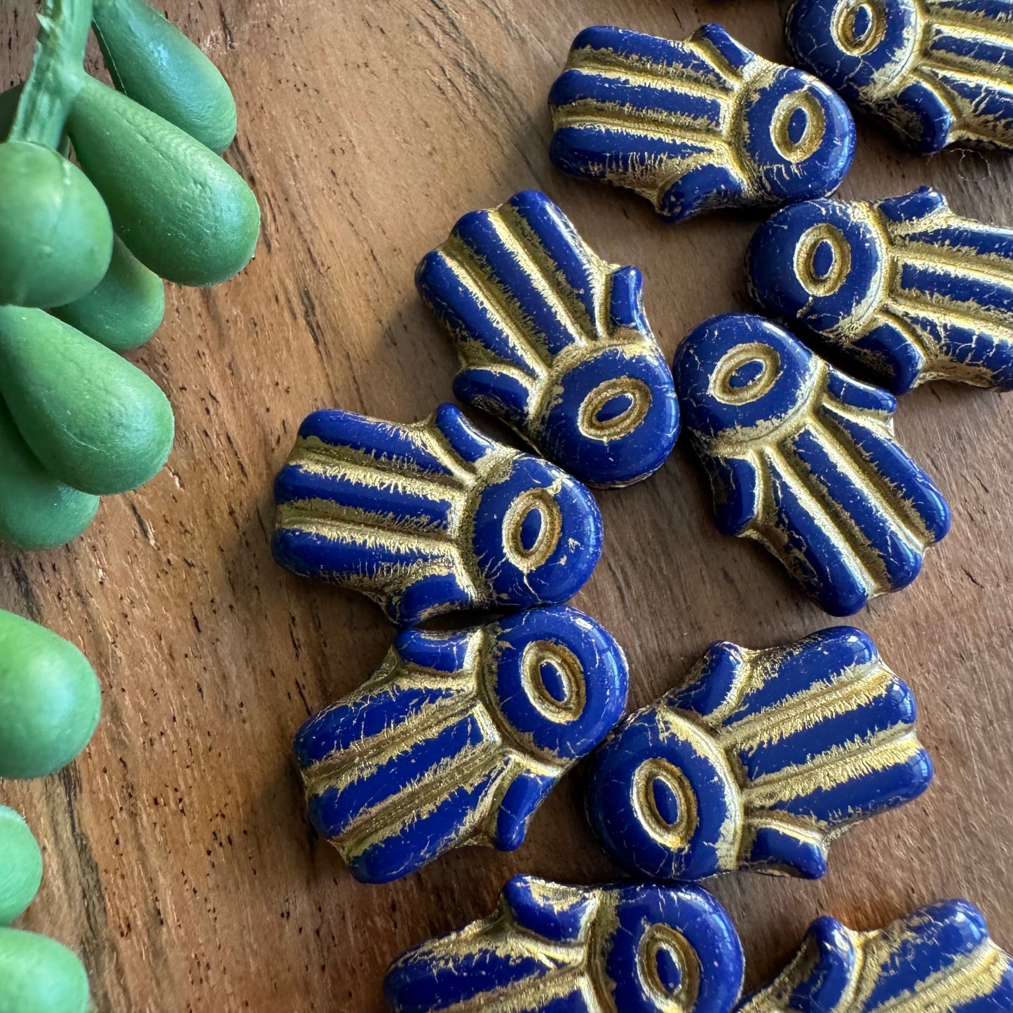 Czech Glass Navy Hamsa Focal Bead 4pcs