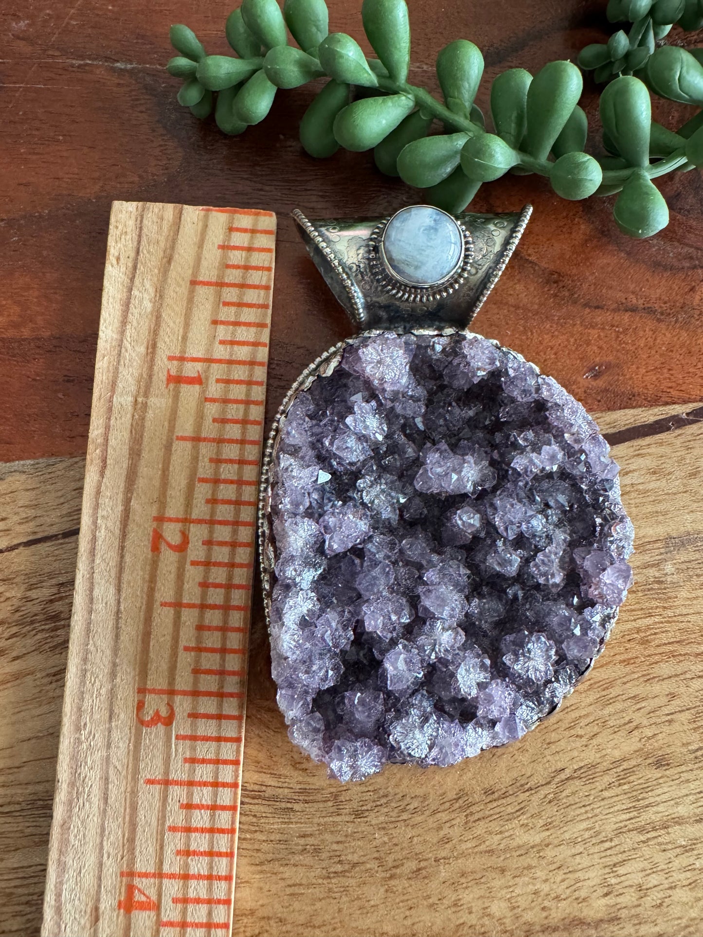Massive Amethyst Druzy Pendant with Moonstone Accent – Antique Silver-Tone Statement Piece