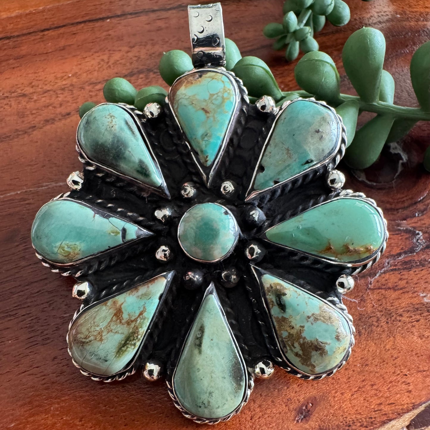 Turquoise Flower Pendant – Antique Silver-Tone - Southwest Style