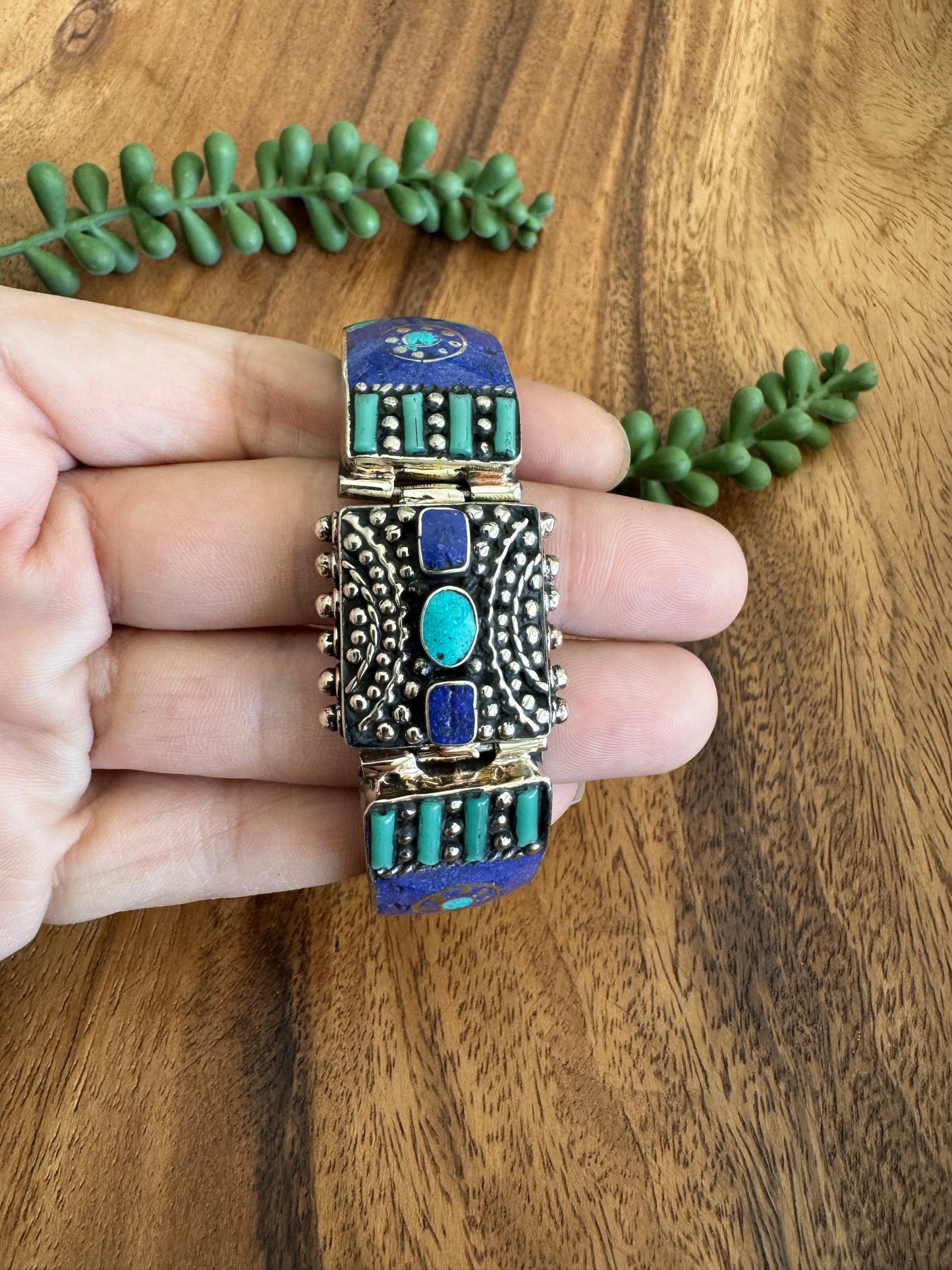 Tibetan Vintage-Style Bangle with Inlaid Turquoise, Lapis & Aqua Glass – Bold & Unique