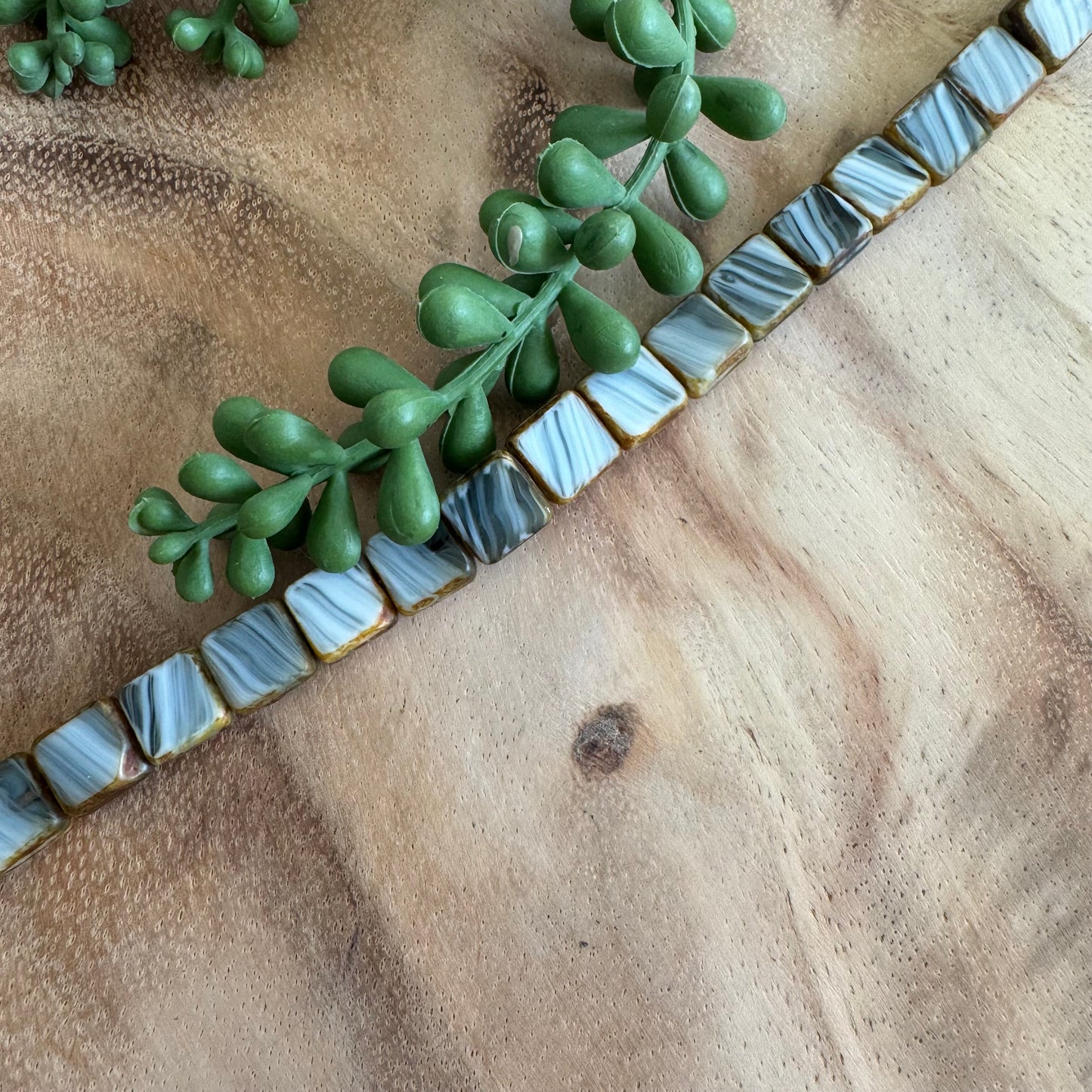 Vintage Gray & White Table Cut Czech Glass Squares – 10 mm – 8 Inch Strand