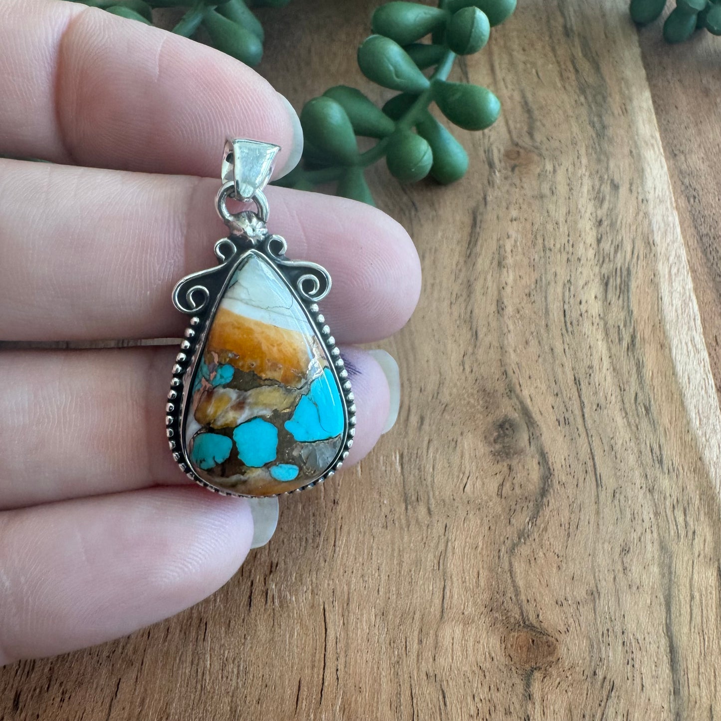 .925 Sterling Silver Tear Drop Pendant – Orange Spiny Oyster & Turquoise
