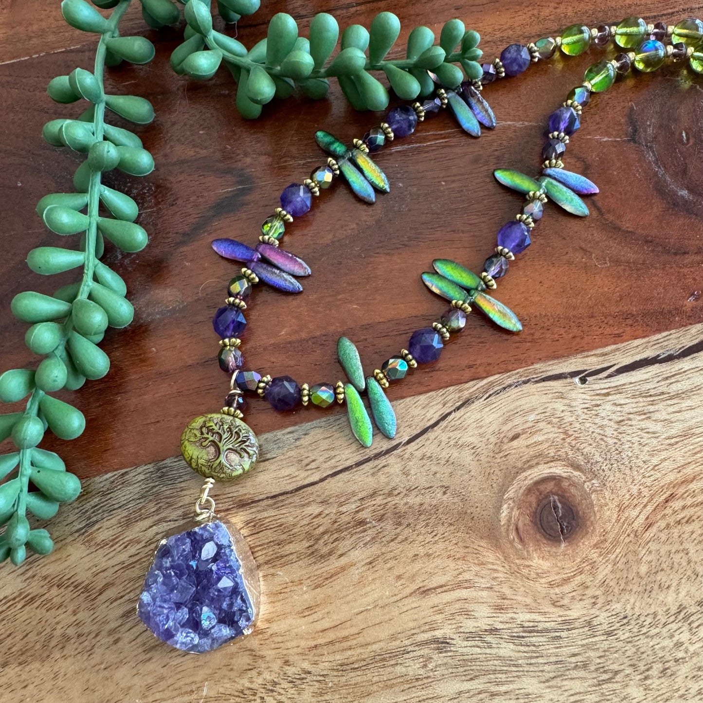 Purple Druzy and Amethyst Necklace with Tree of Life and Czech Glass Accents