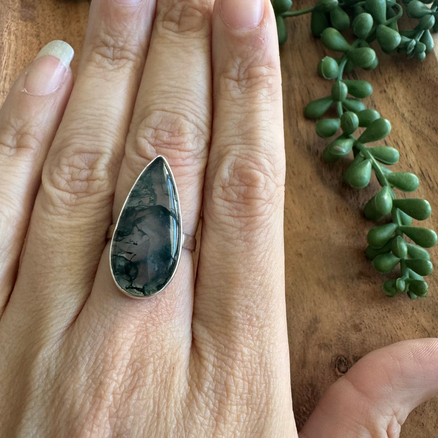 .925 Sterling Silver Moss Agate Ring - Size 9