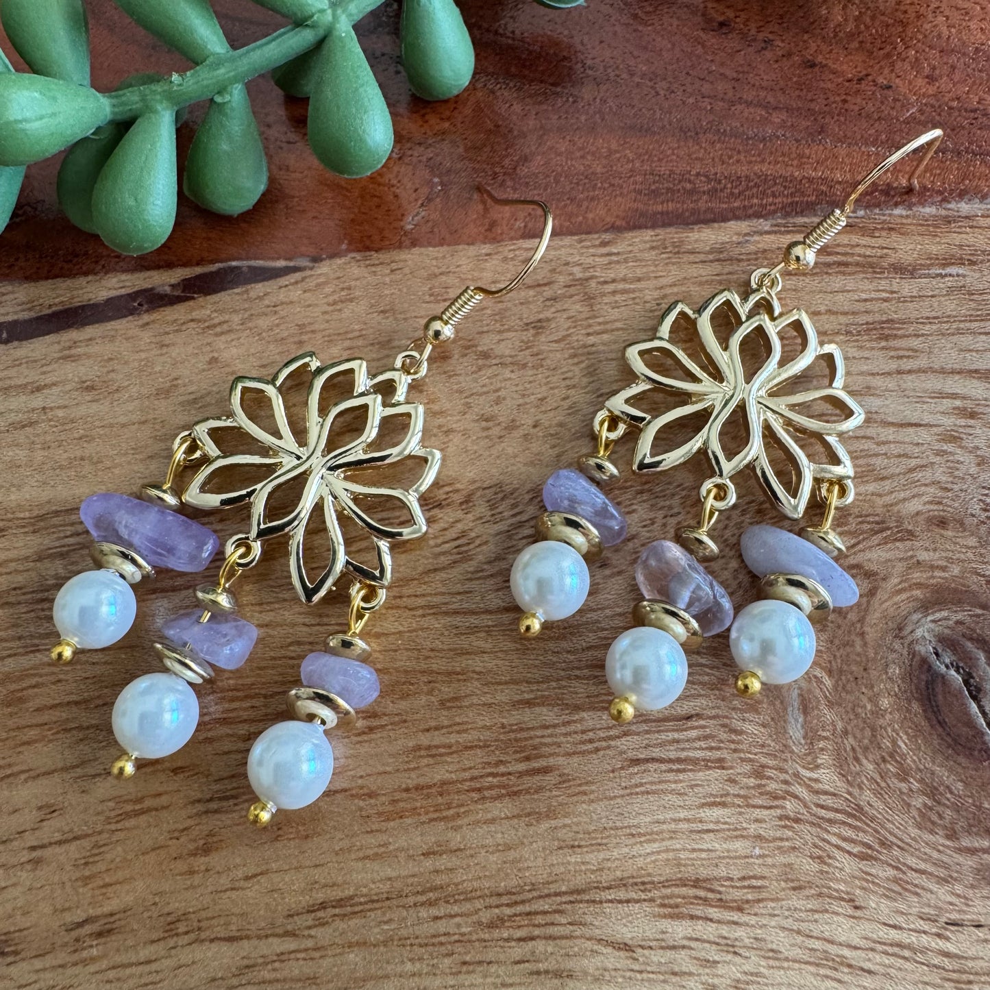 Amethyst and Glass Pearl Lotus Earrings