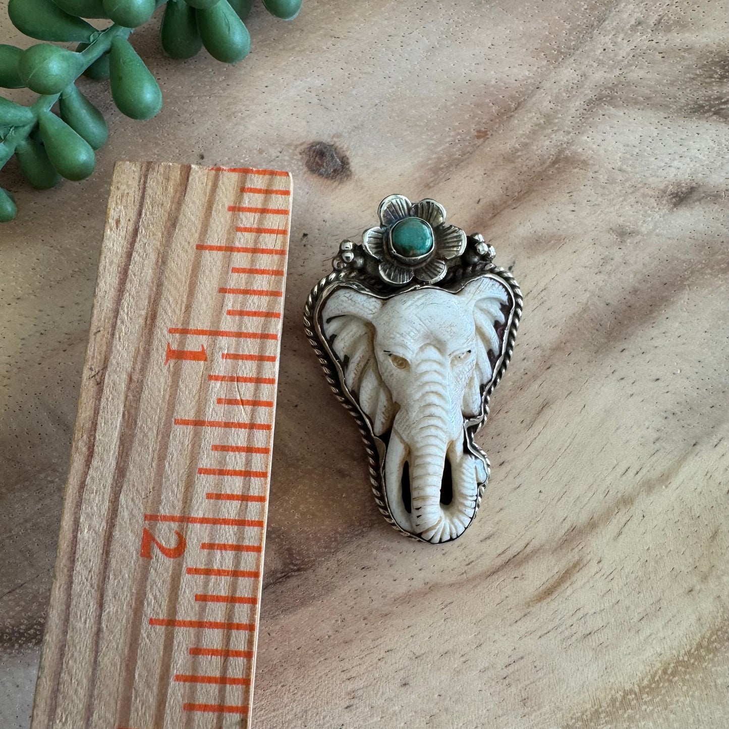 Carved Bone Elephant and Turquoise Pendant SWP25