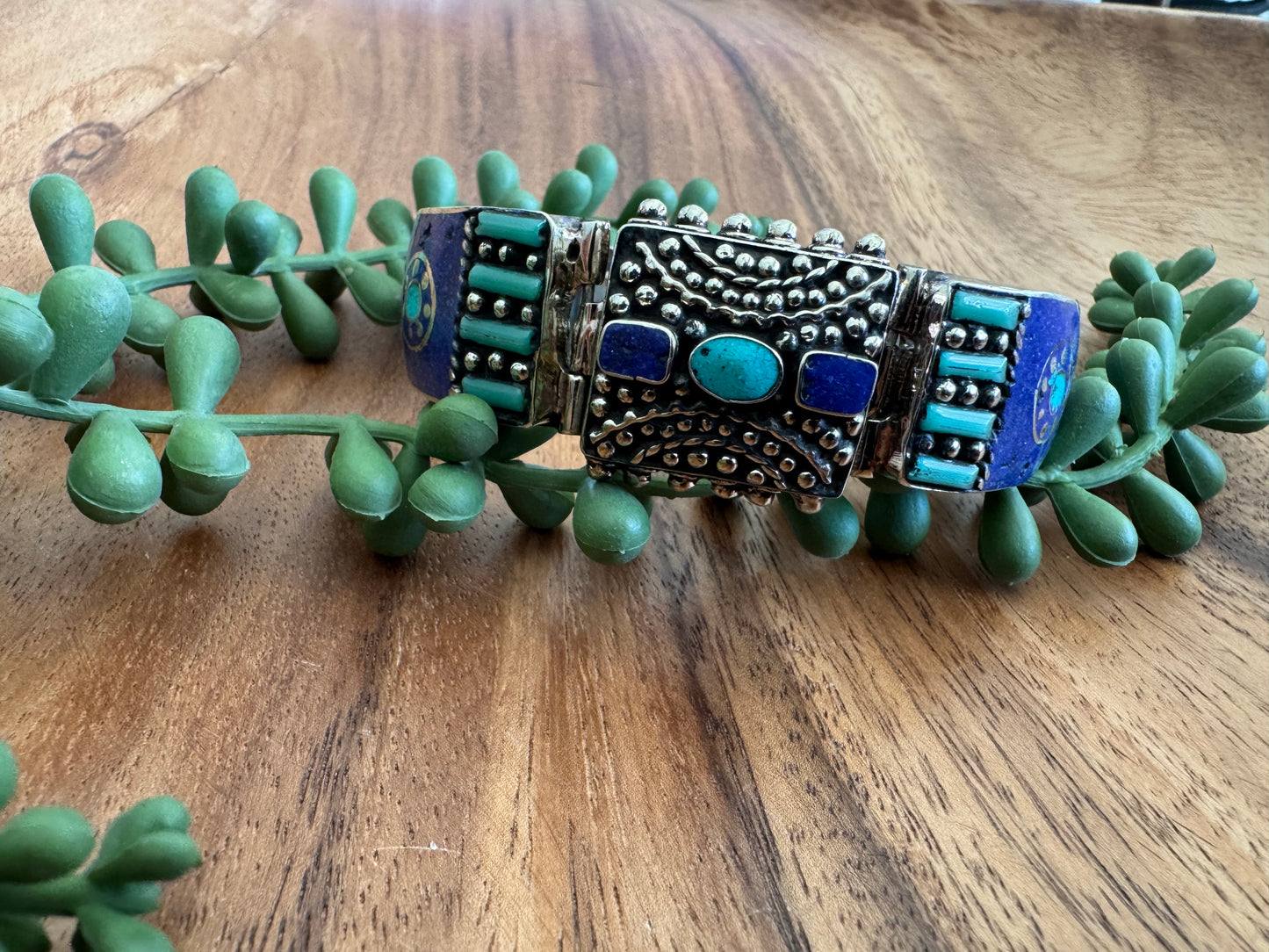 Tibetan Vintage-Style Bangle with Inlaid Turquoise, Lapis & Aqua Glass – Bold & Unique