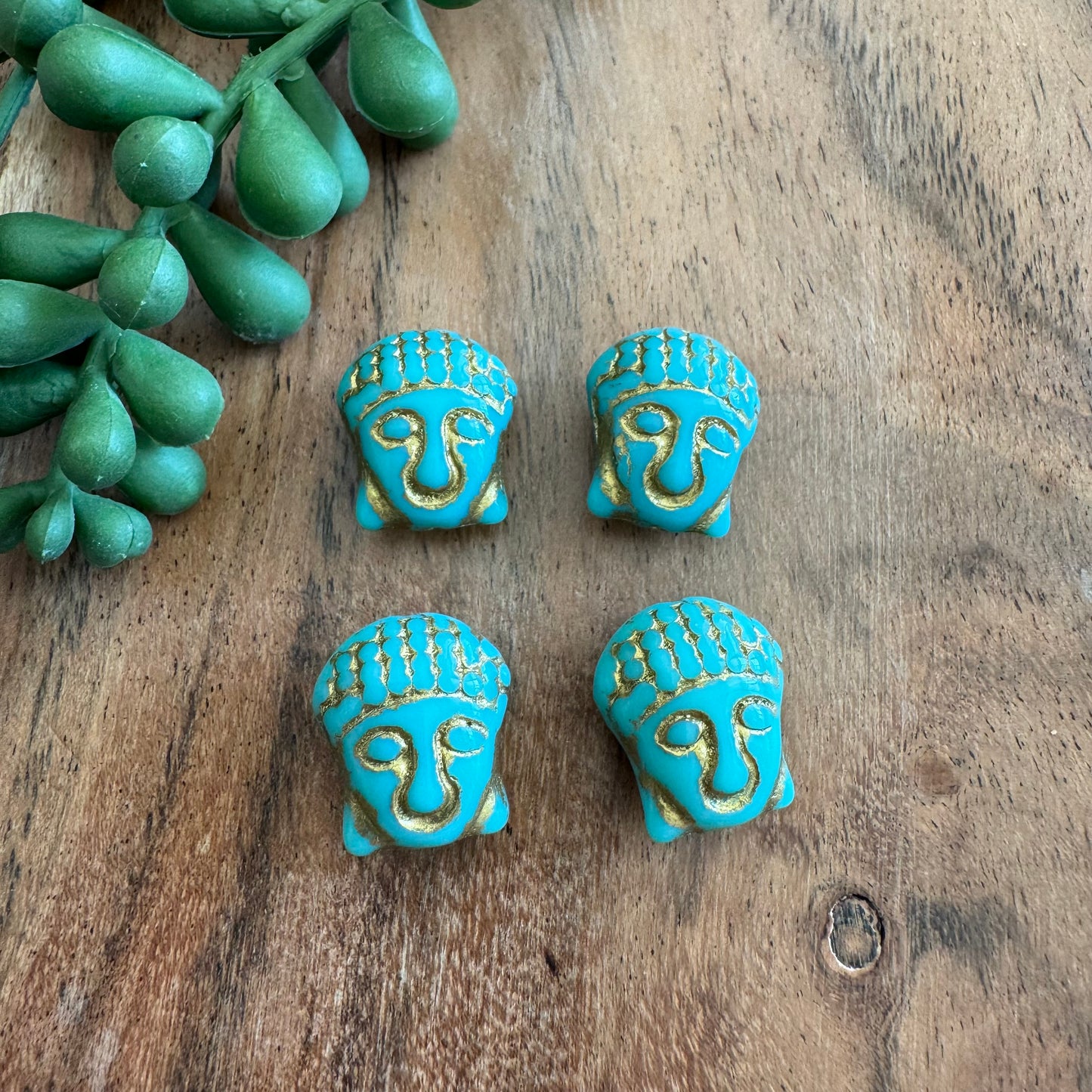 Czech Glass Turquoise and Gold Wash Buddha Focal Bead 4pcs