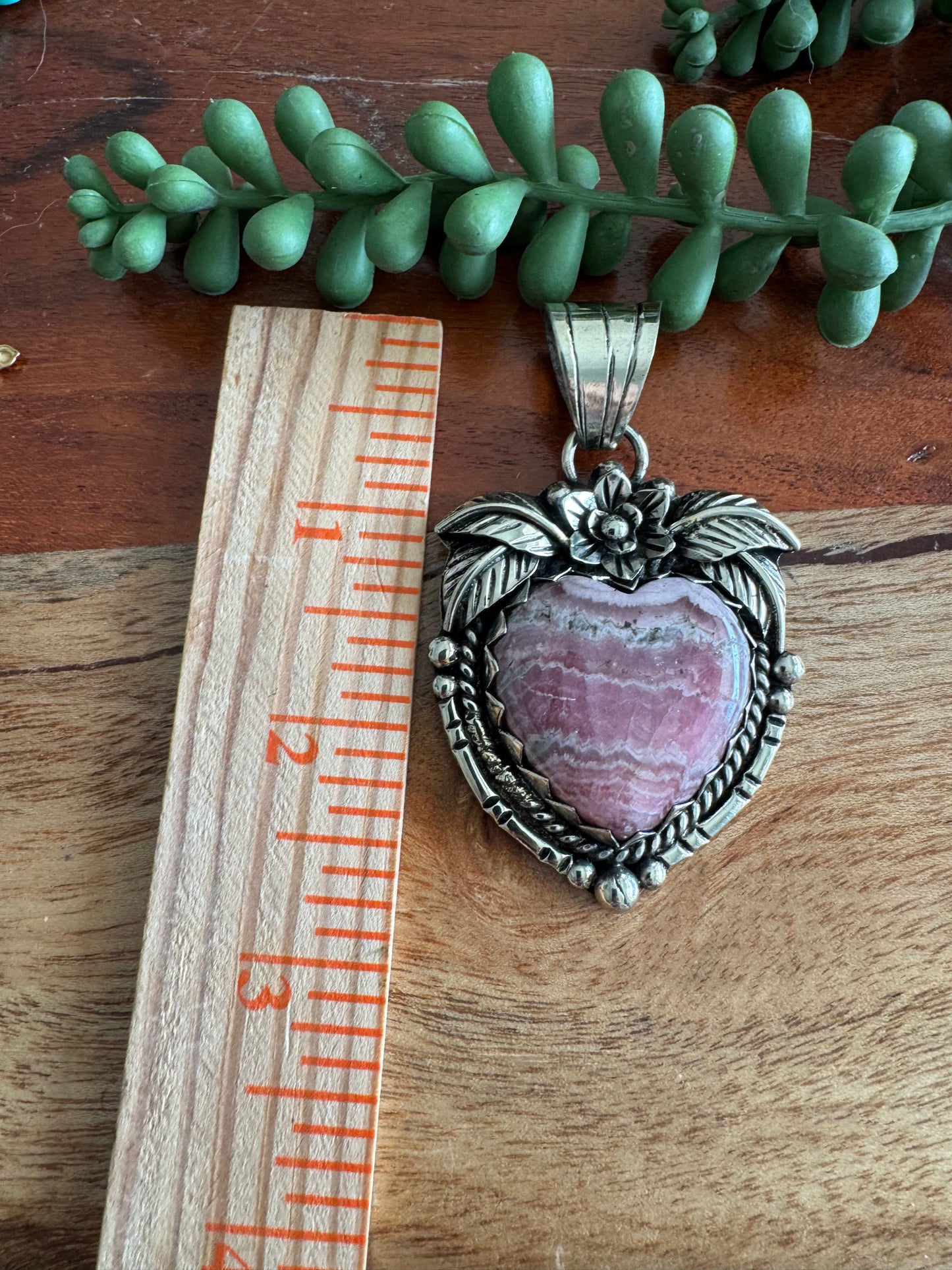 Rhodochrosite Heart Pendant with Floral Detailing – Antique Silver-Tone Southwest Style