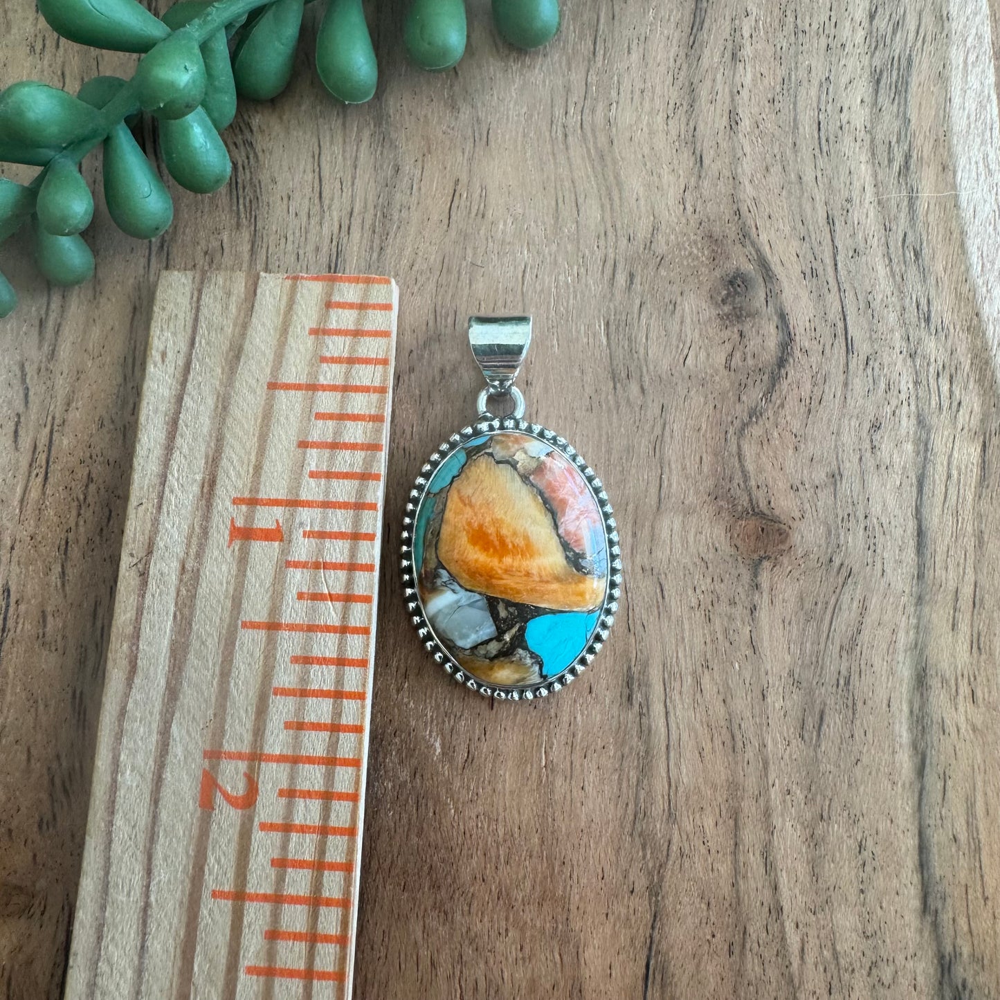 .925 Sterling Silver Oval Pendant – Orange Spiny Oyster & Turquoise