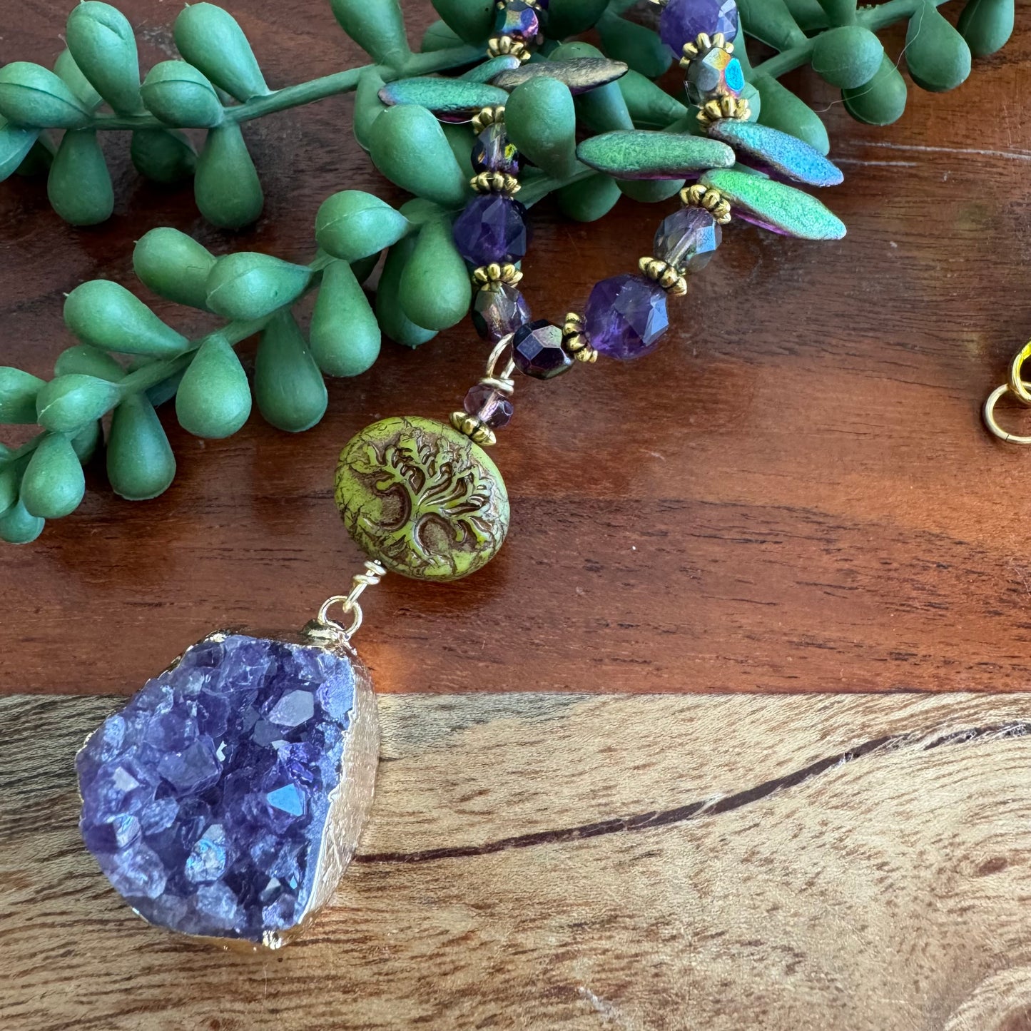 Purple Druzy and Amethyst Necklace with Tree of Life and Czech Glass Accents
