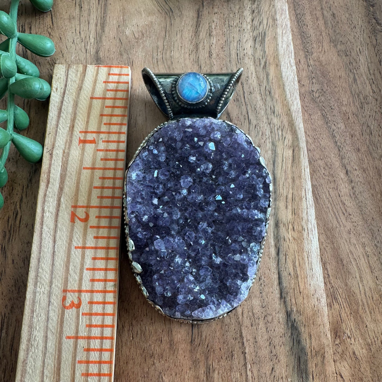 Amethyst Druzy Pendant with Moonstone Accent – Antique Silver-Tone Statement Piece