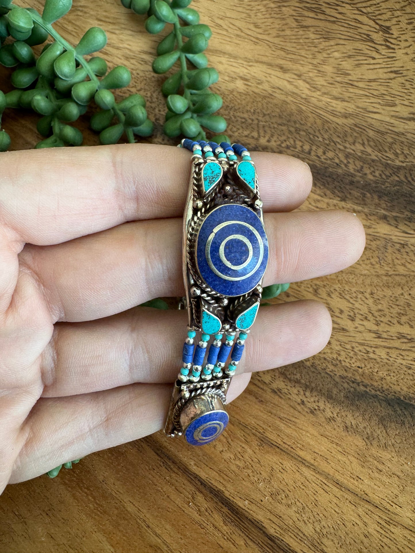 Tibetan Lapis & Turquoise Inlaid Bracelet with Bull’s-Eye Design – Vintage Patina