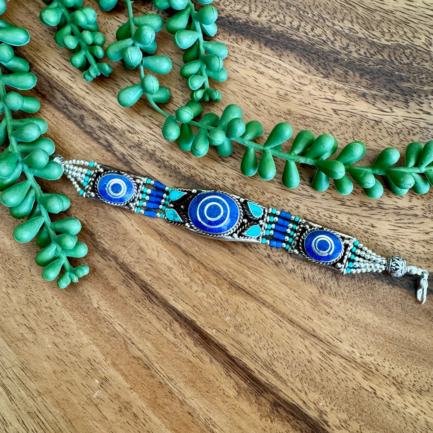 Tibetan Lapis & Turquoise Inlaid Bracelet with Bull’s-Eye Design – Vintage Patina