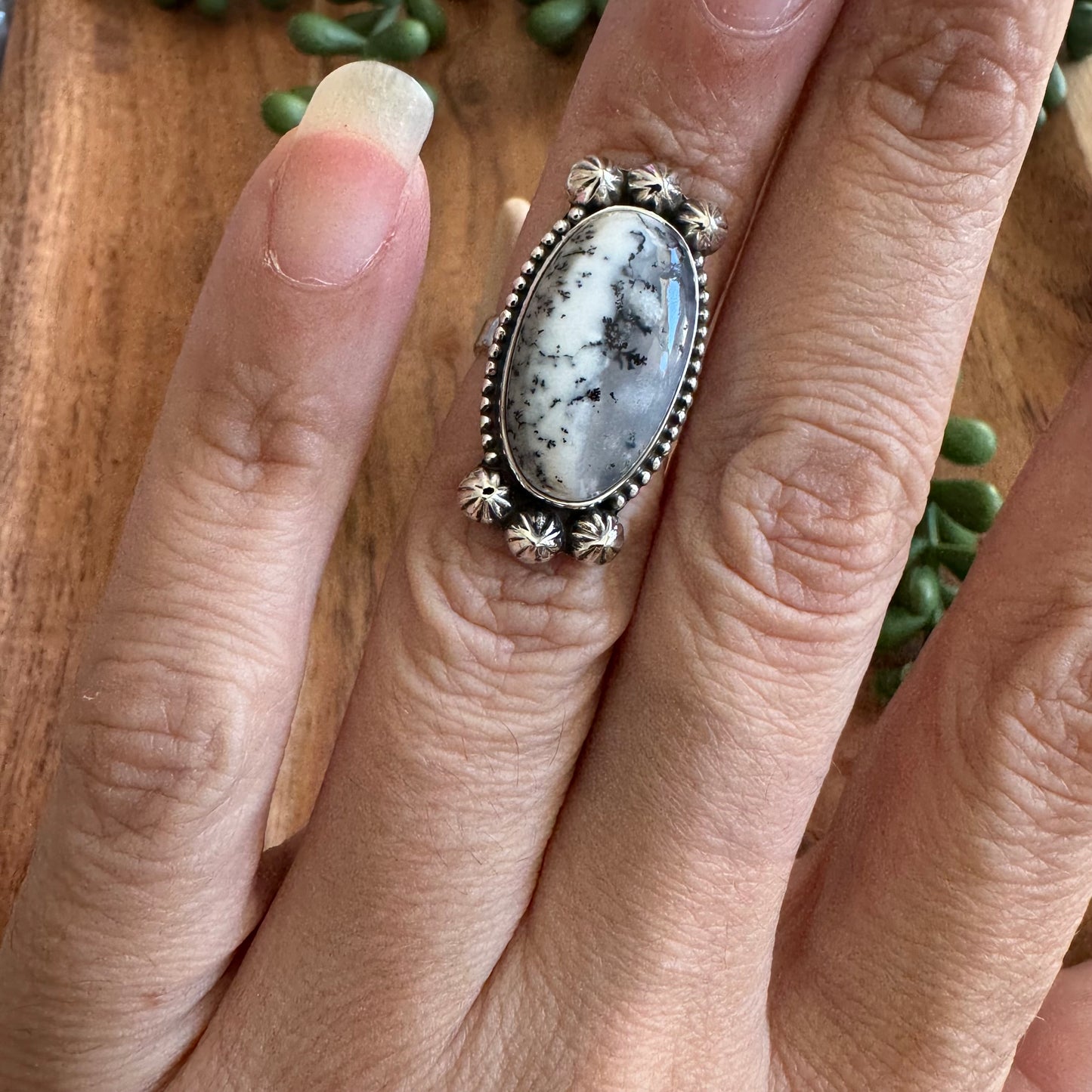 .925 Sterling Silver Dendritic Opal Ring - Size 6