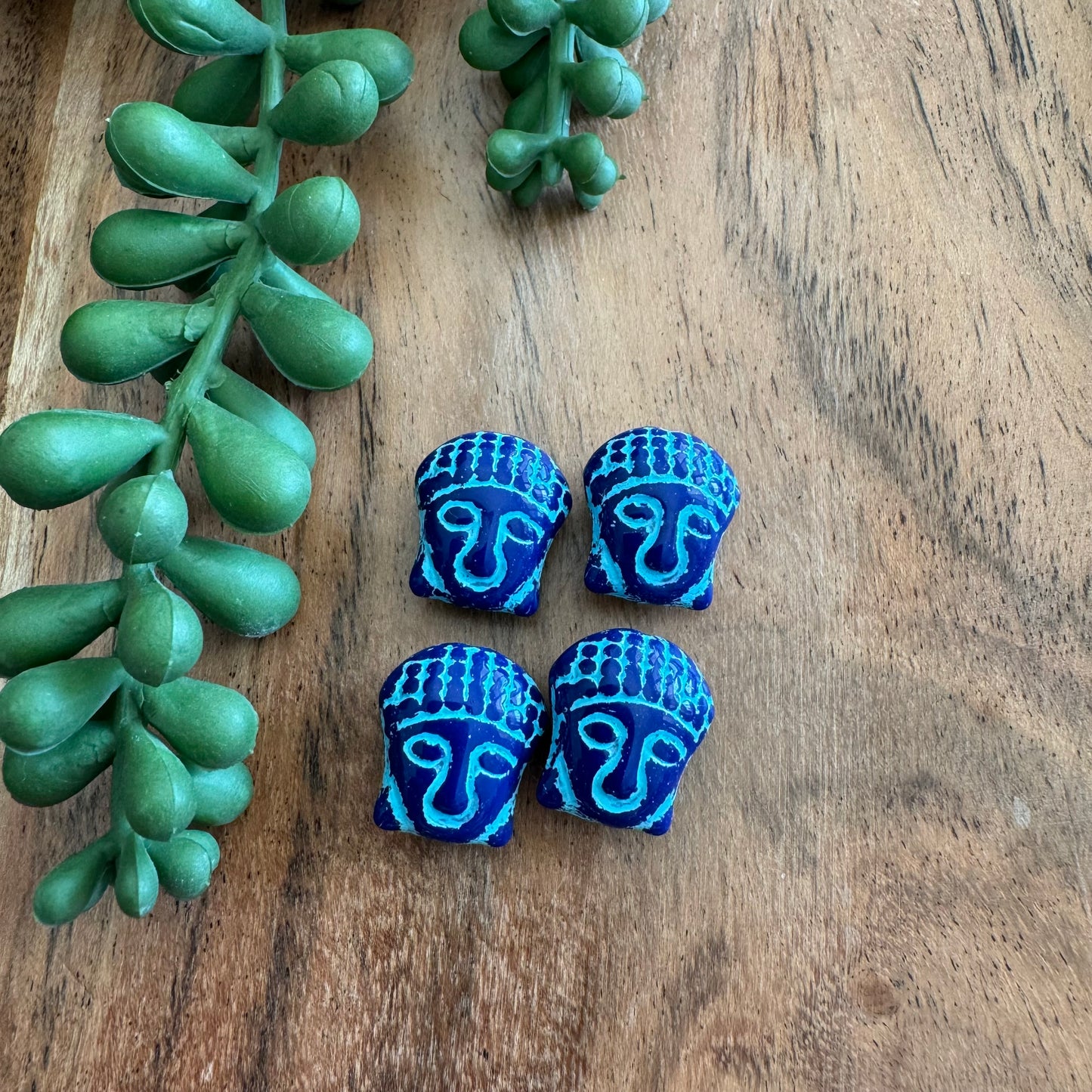 Czech Glass Blue and Blue Wash Buddha Focal Bead 4pcs