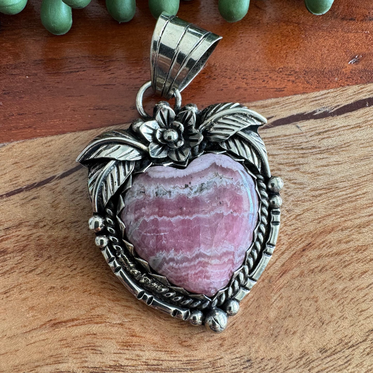 Rhodochrosite Heart Pendant with Floral Detailing – Antique Silver-Tone Southwest Style