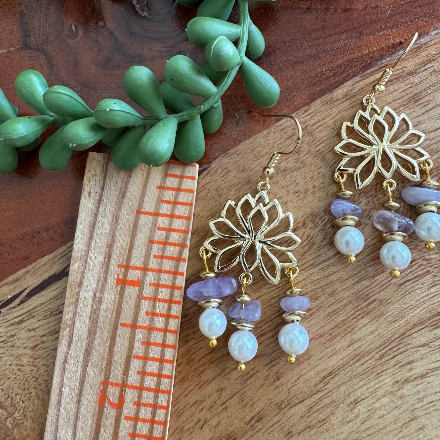 Amethyst and Glass Pearl Lotus Earrings