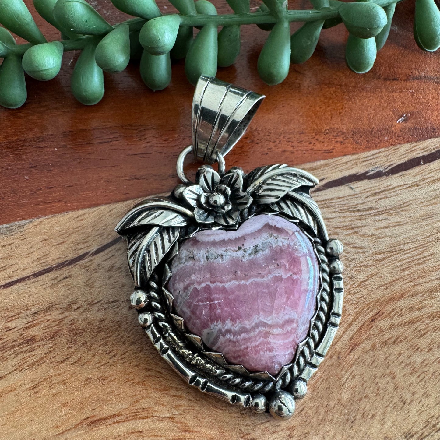 Rhodochrosite Heart Pendant with Floral Detailing – Antique Silver-Tone Southwest Style