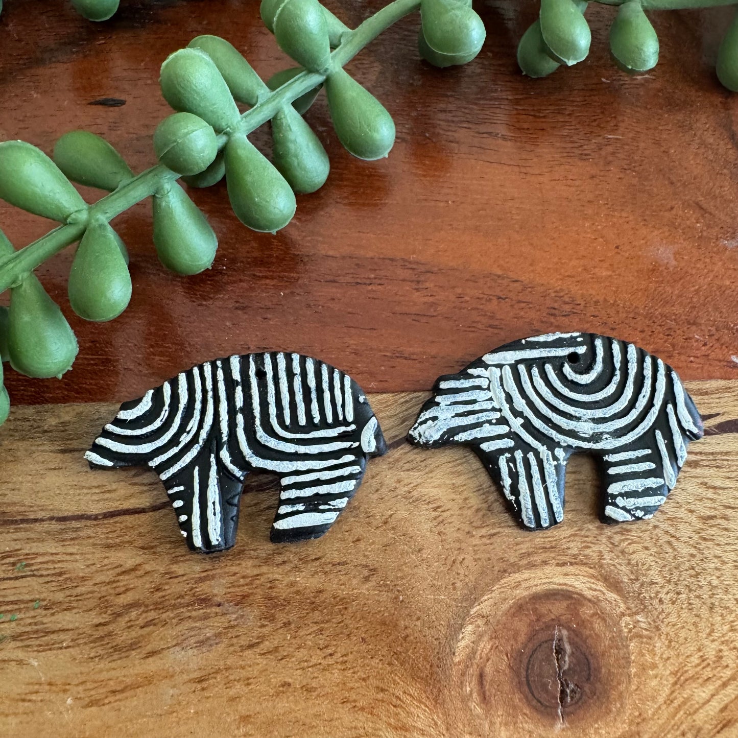 Black and White Mud Cloth Zuni Bear Charm Pair