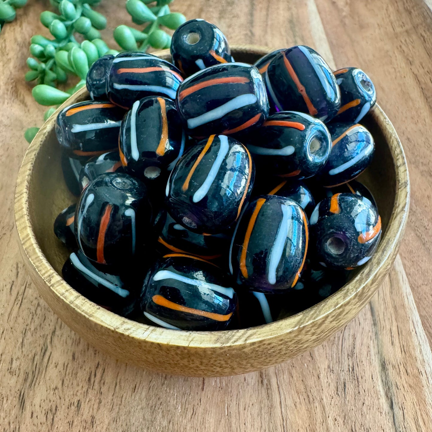 Black Glass Beads with White & Orange Stripes 16x19mm (India)