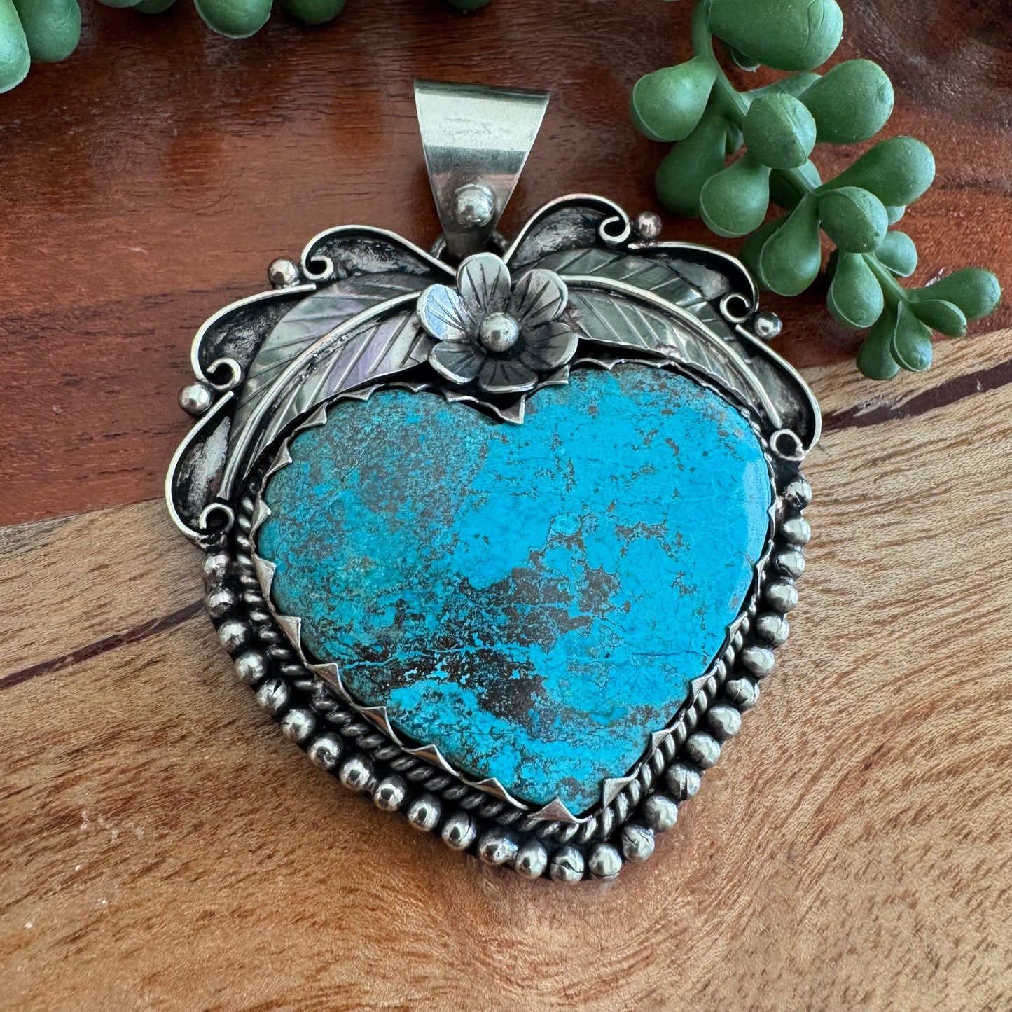 Chrysocolla Heart Pendant with Floral Detailing – Antique Silver-Tone Southwest Style