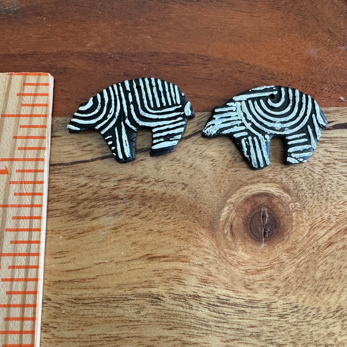 Black and White Mud Cloth Zuni Bear Charm Pair