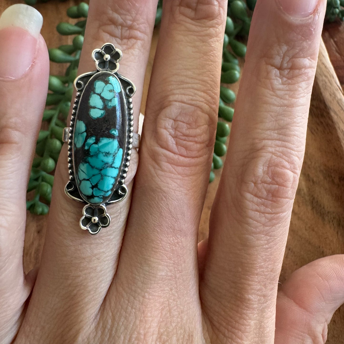 .925 Sterling Silver Tibetan Turquoise Ring - Size 7
