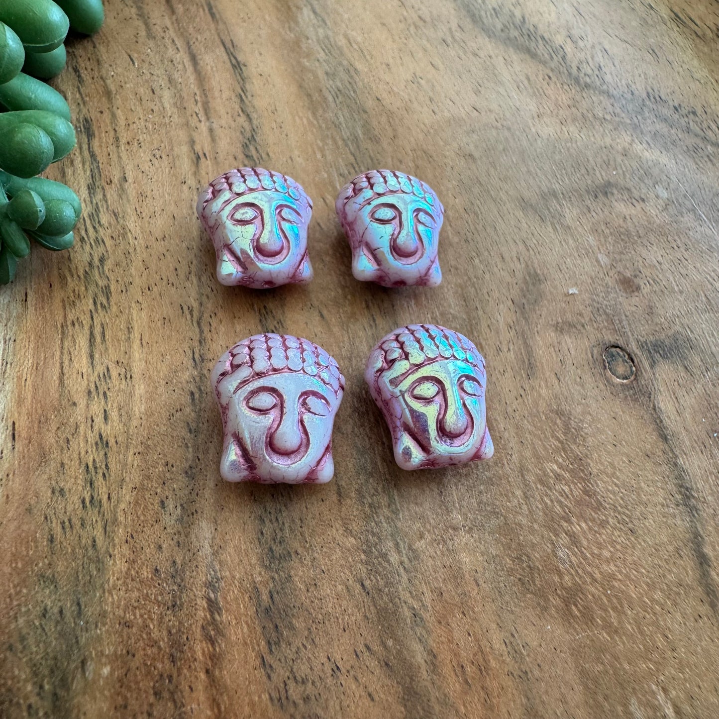 Czech Glass Pink and AB Buddha Focal Bead 4pcs