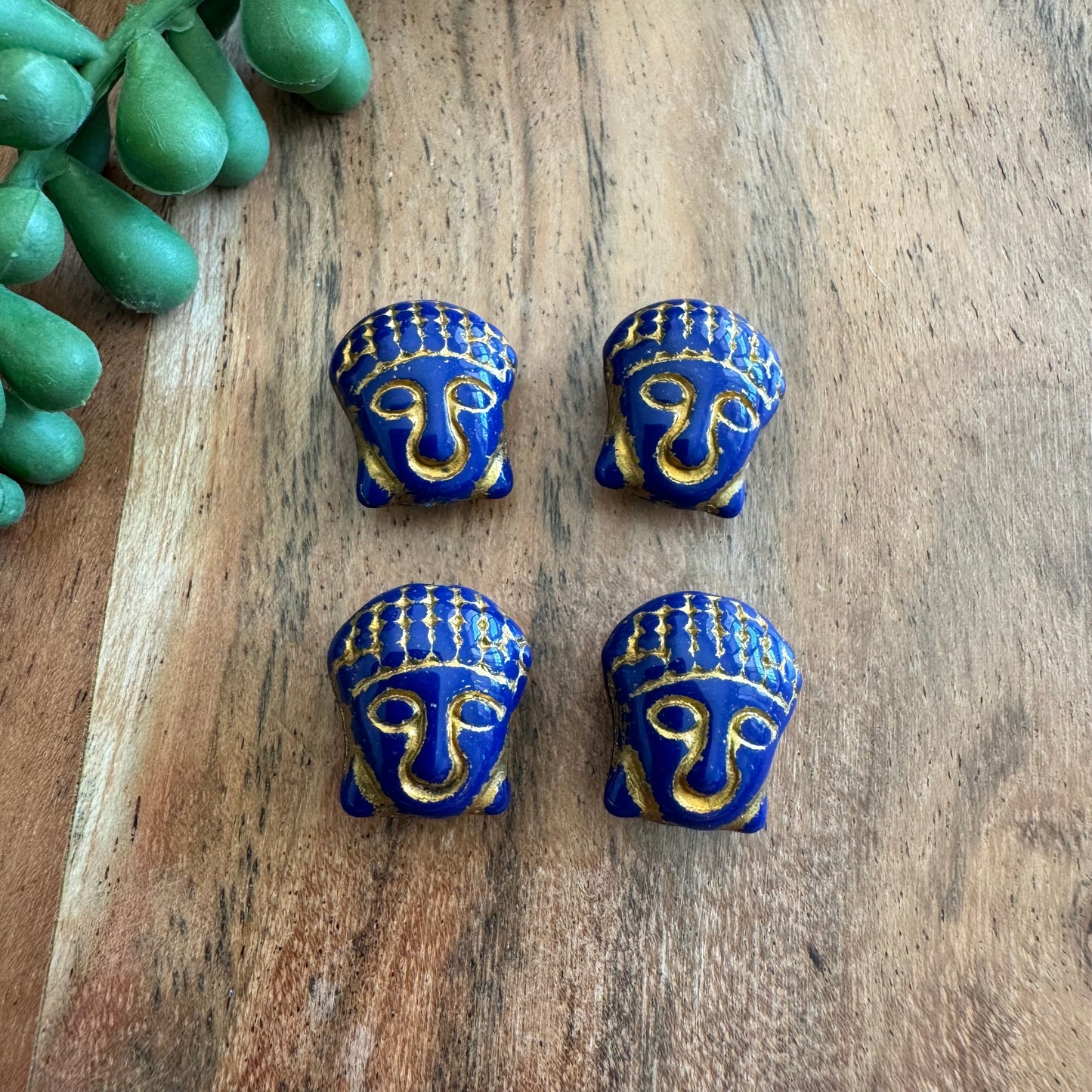 Czech Glass Blue and Gold Wash Buddha Focal Bead 4pcs