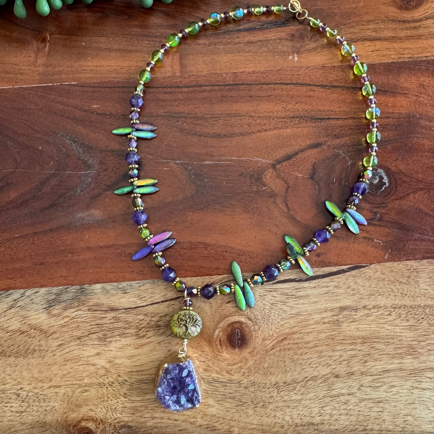 Purple Druzy and Amethyst Necklace with Tree of Life and Czech Glass Accents