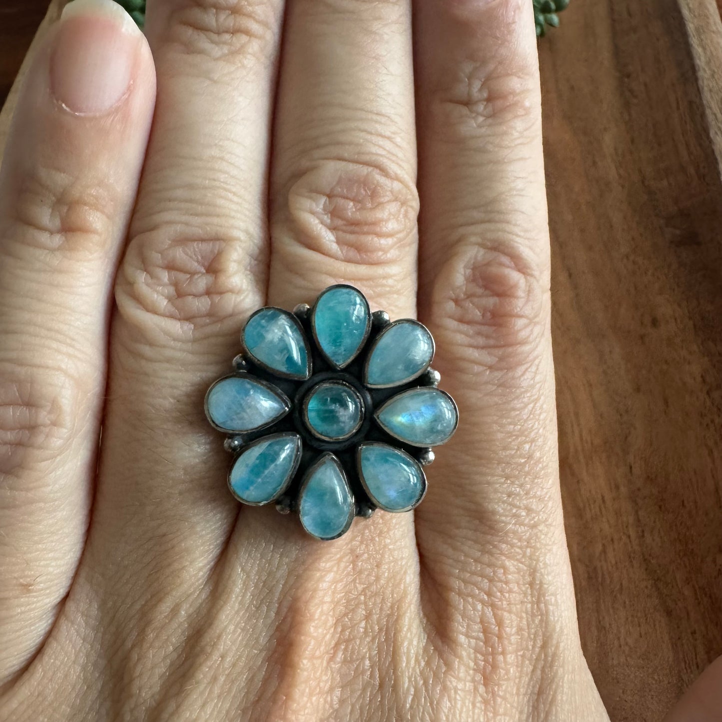 .925 Sterling Silver & Green/Blue Moonstone Flower Ring (Size 9)