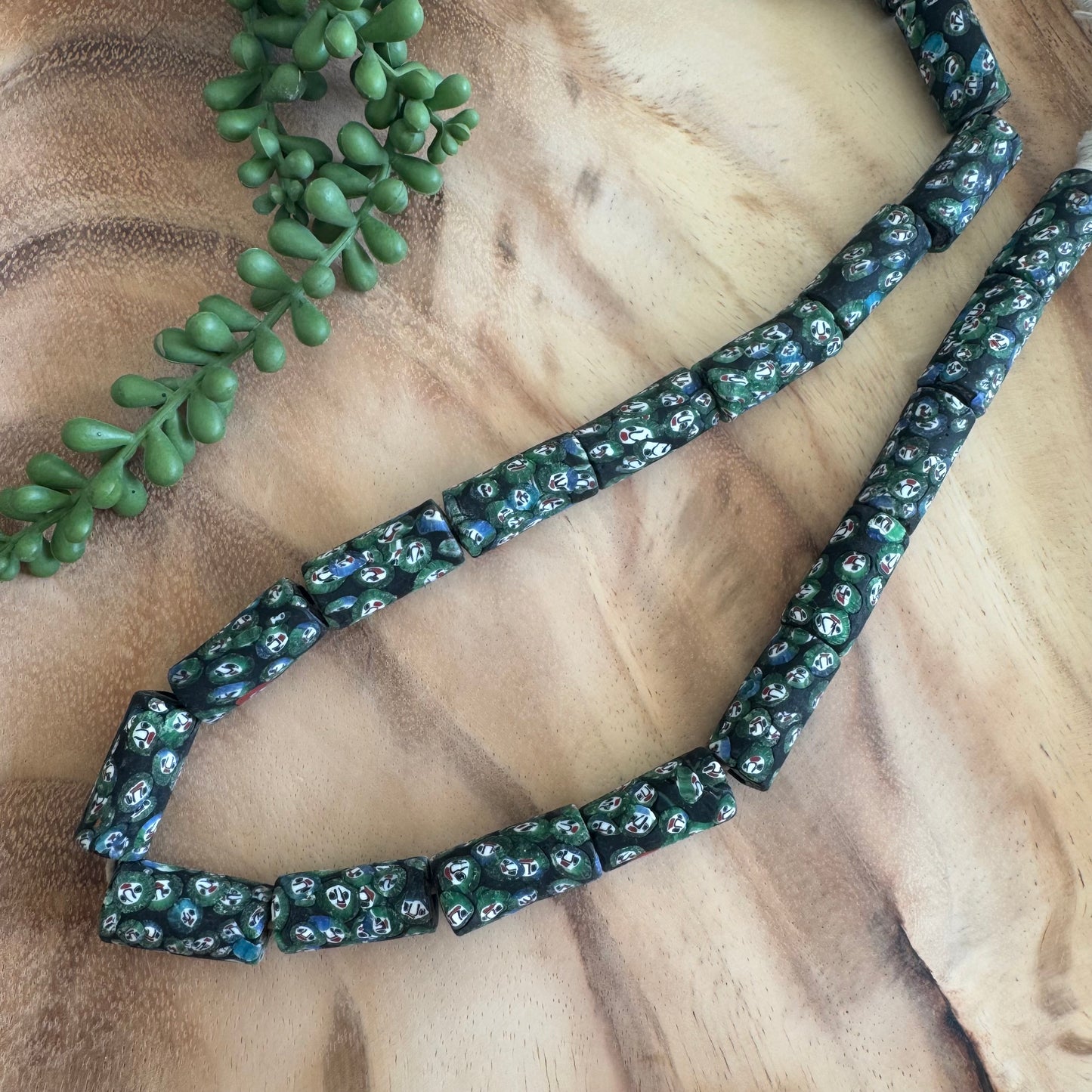 Green Face Millefiori Tribal Beads – 14x28-30mm – 22–24 Inch Strand