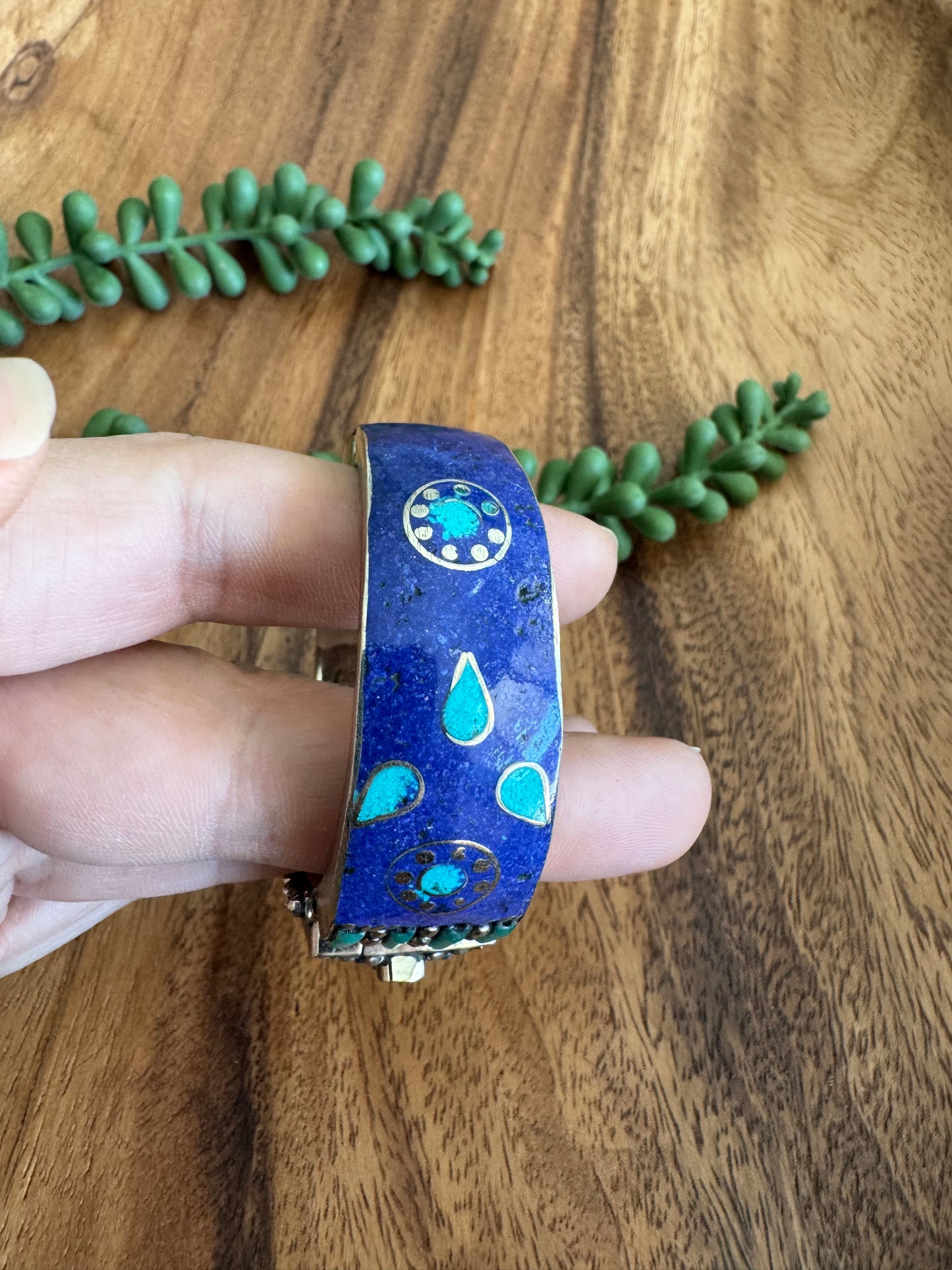 Tibetan Vintage-Style Bangle with Inlaid Turquoise, Lapis & Aqua Glass – Bold & Unique