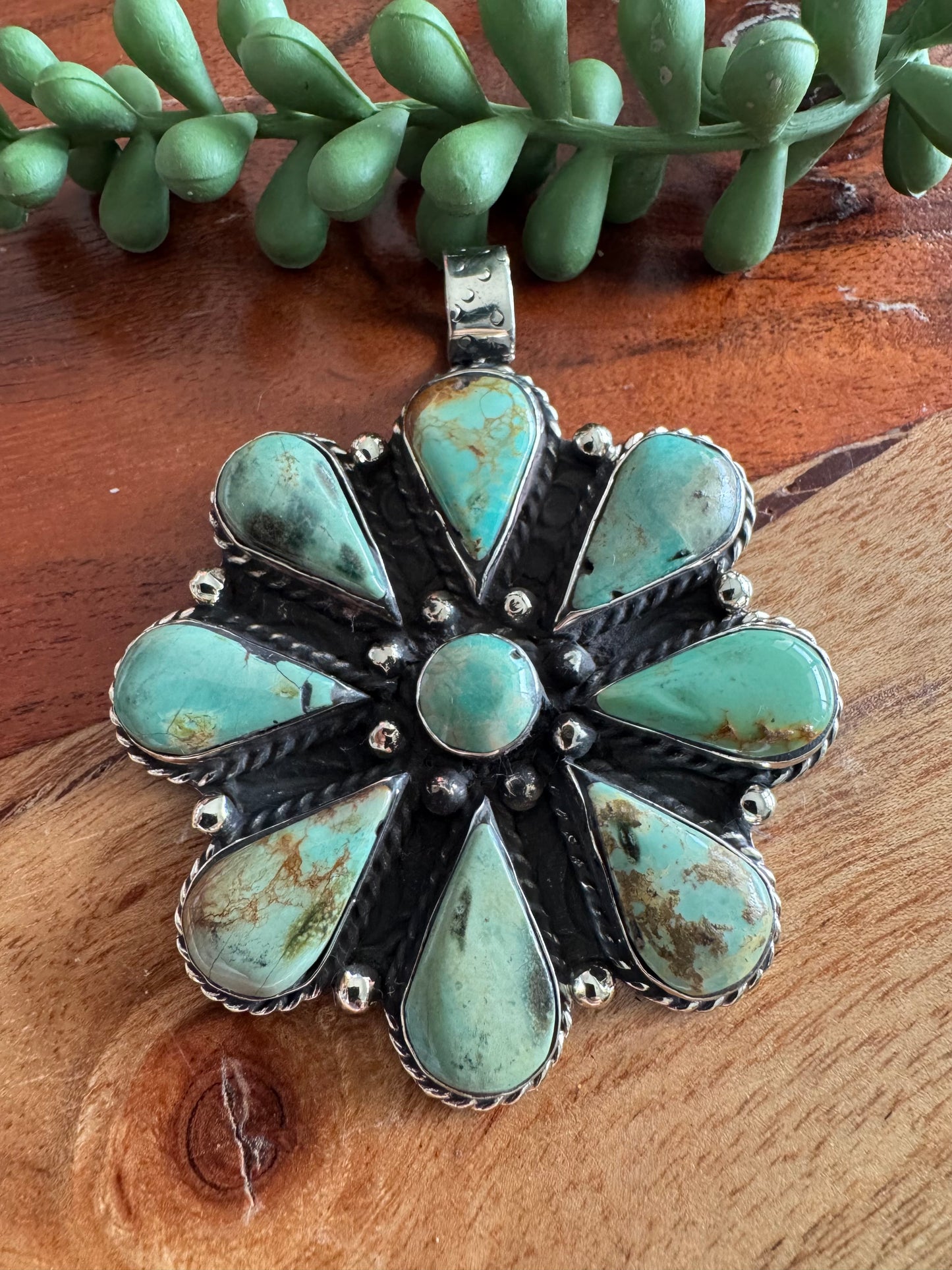 Turquoise Flower Pendant – Antique Silver-Tone - Southwest Style