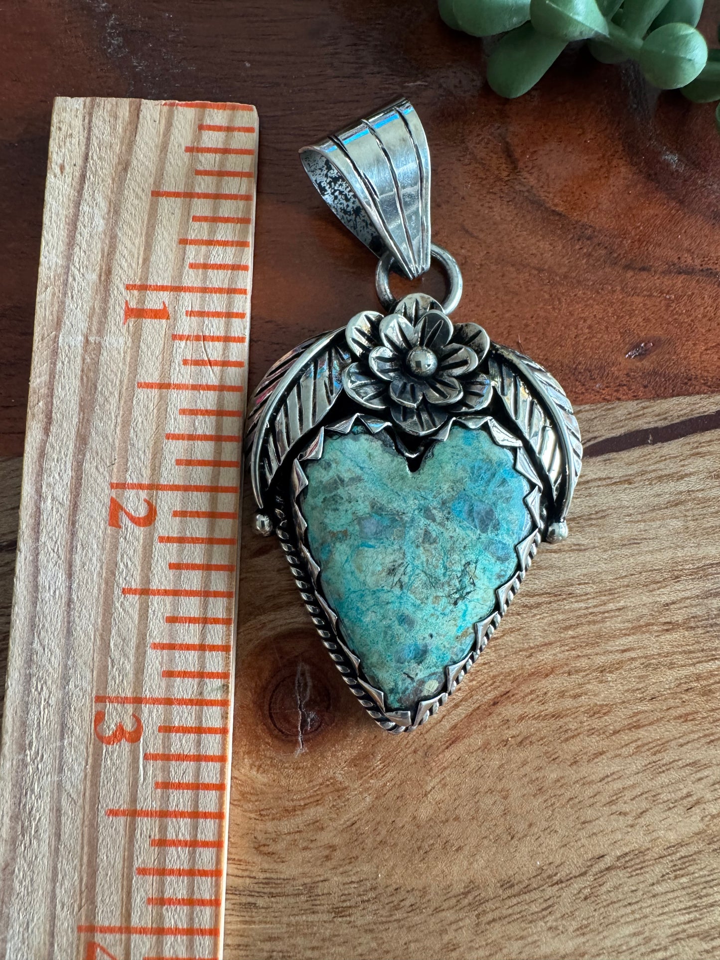 Chrysocolla Heart Pendant with Floral Detailing – Antique Silver-Tone Southwest Style
