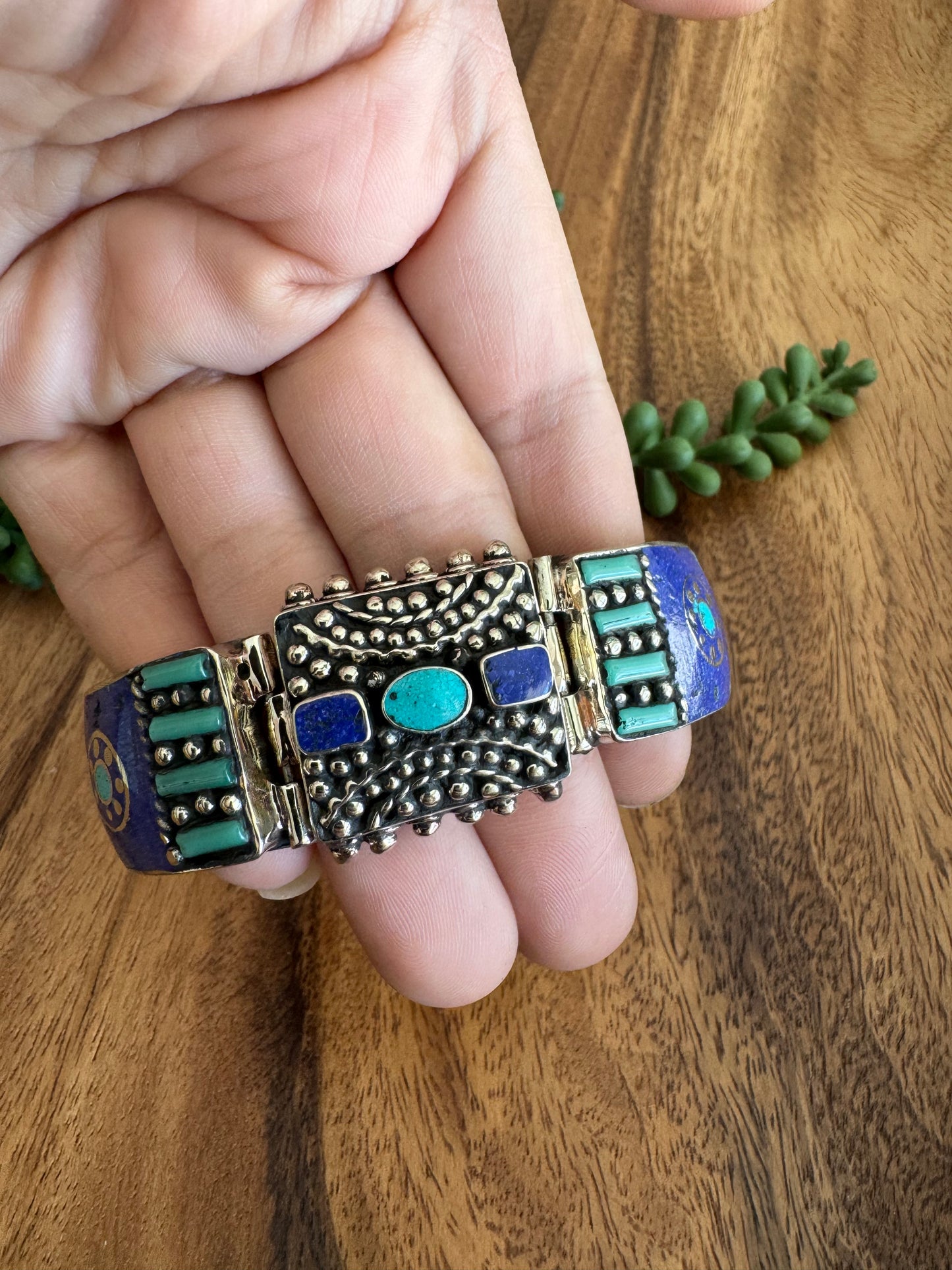 Tibetan Vintage-Style Bangle with Inlaid Turquoise, Lapis & Aqua Glass – Bold & Unique