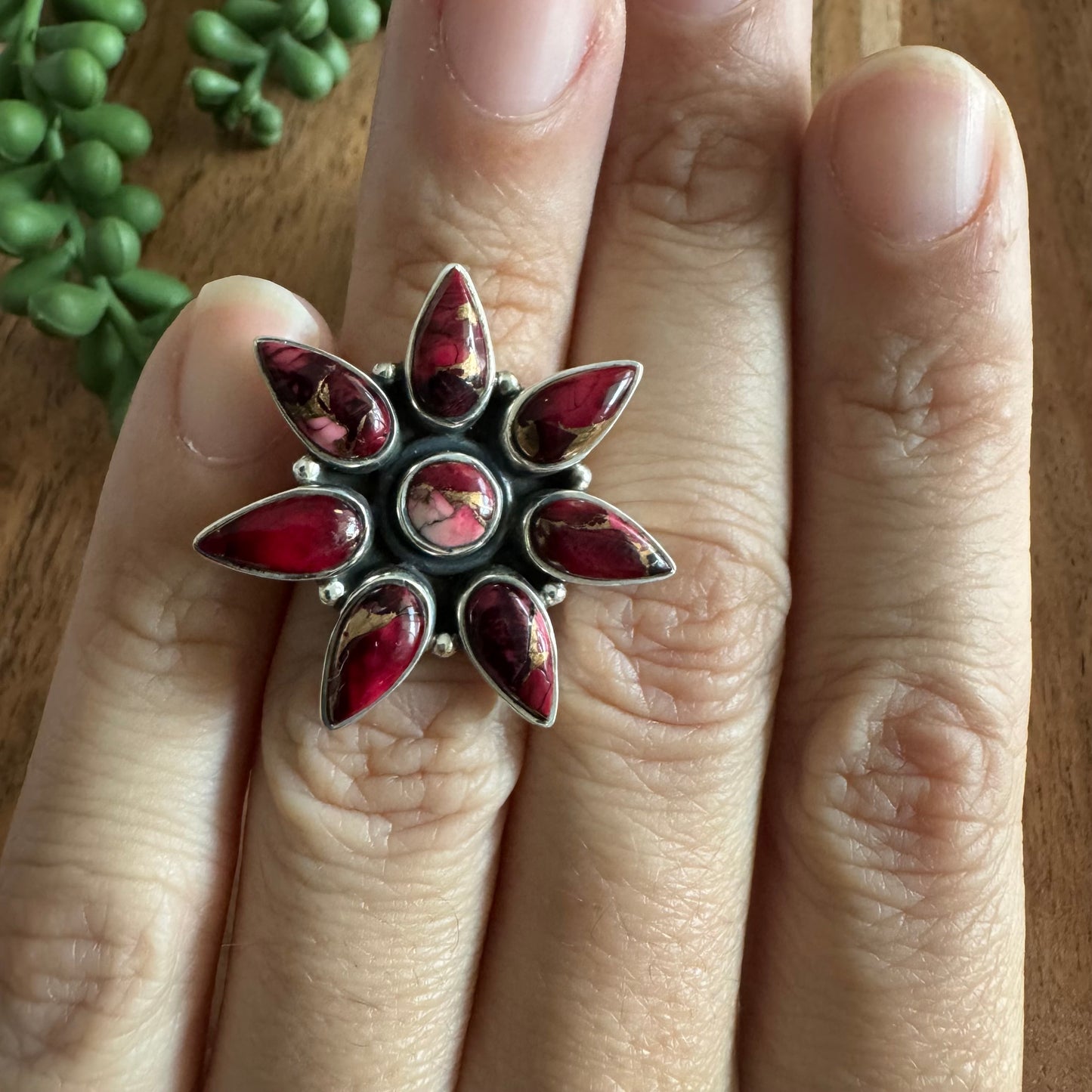 925 Sterling Silver Red Dahlia Flower Statement Ring – Size 6