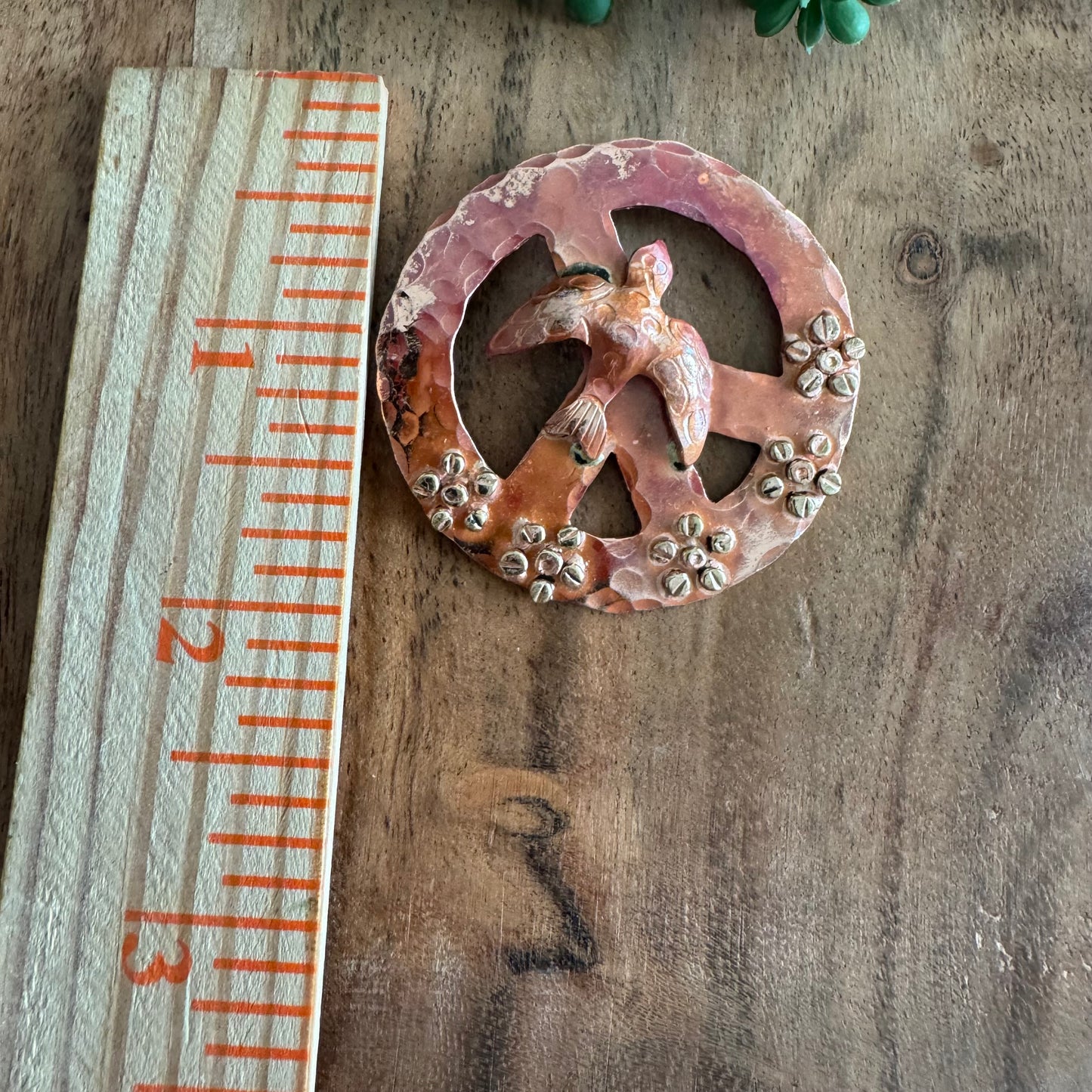 Boho Copper Peace Pendant with Dove and Flowers by Patricia Healey PH03