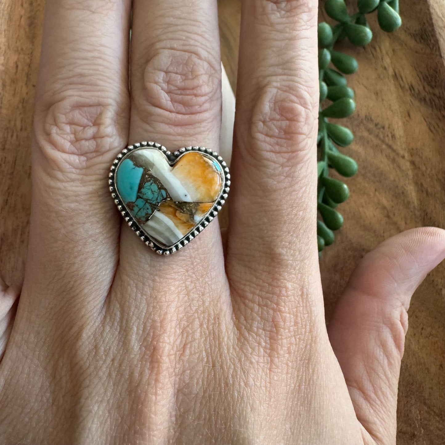 .925 Sterling Silver Orange Spiny Oyster and Turquoise Heart Ring - Size 10