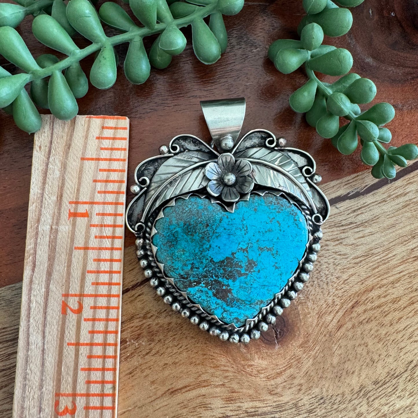 Chrysocolla Heart Pendant with Floral Detailing – Antique Silver-Tone Southwest Style