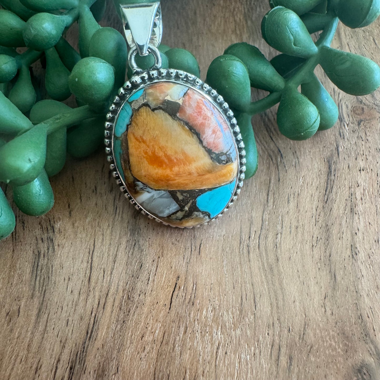 .925 Sterling Silver Oval Pendant – Orange Spiny Oyster & Turquoise