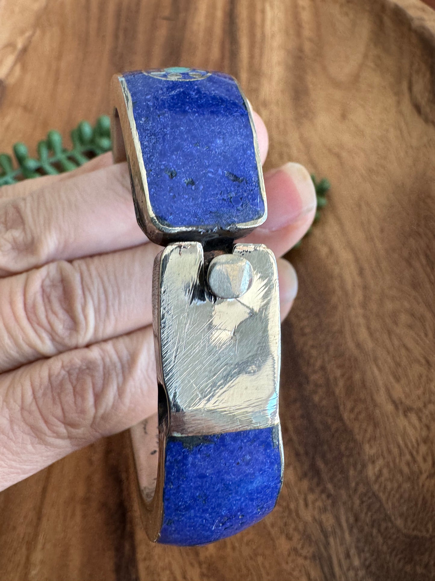Tibetan Vintage-Style Bangle with Inlaid Turquoise, Lapis & Aqua Glass – Bold & Unique